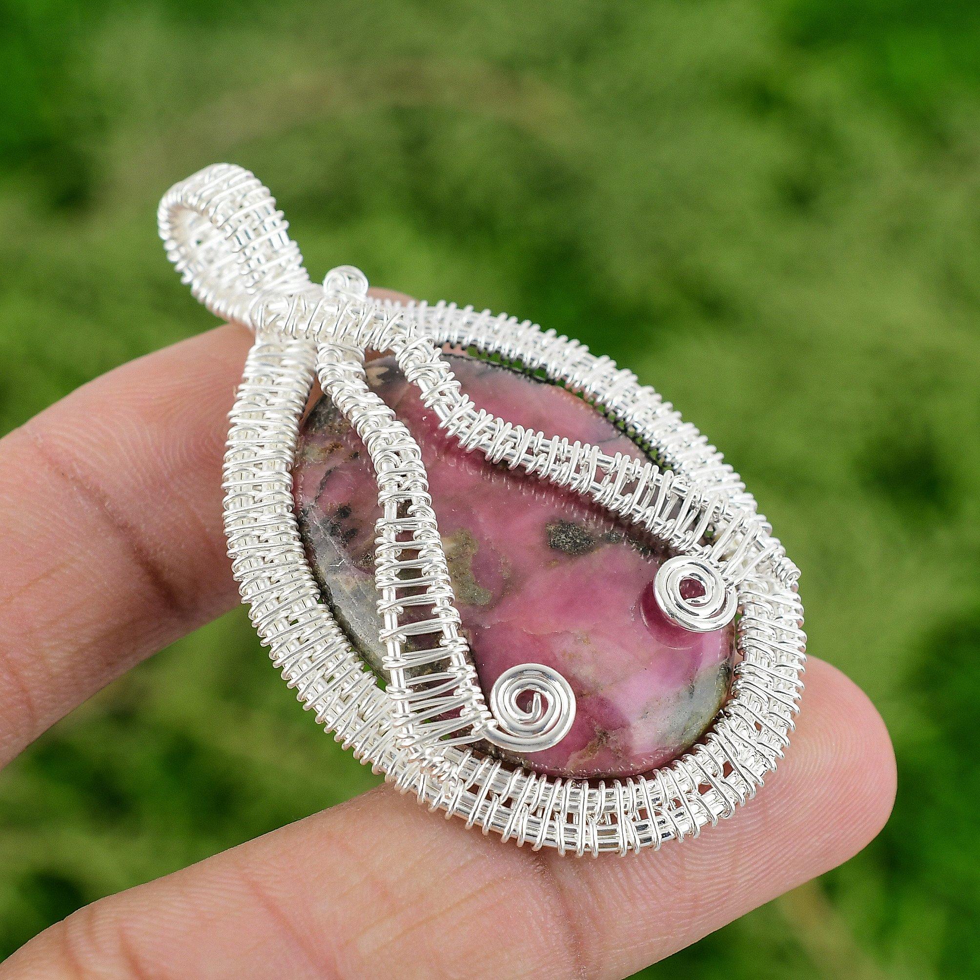 

Daughters Day Sale 925 Silver Natural Rhodonite New Wire Wrapped Artisan Pendant