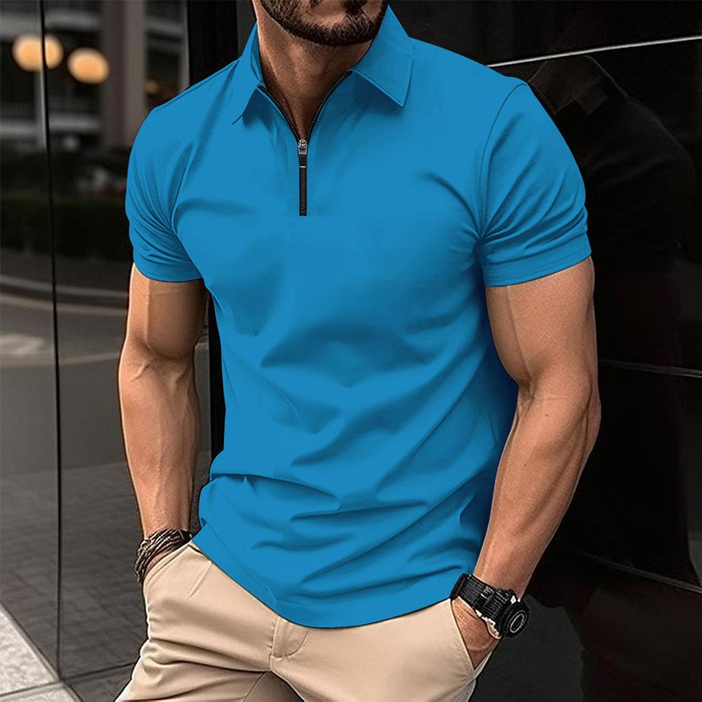 Men's Solid Color Zipper Casual Sports Short Sleeved Polo Shirt