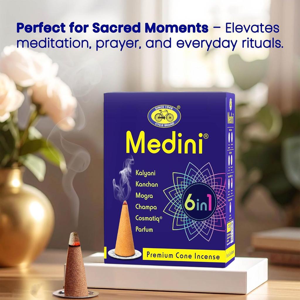 Cycle Pure Medini 6 In 1 Premium Cone Incense 60N Charcoal-Free Natural Fragrance With Free Holder Pack of 1