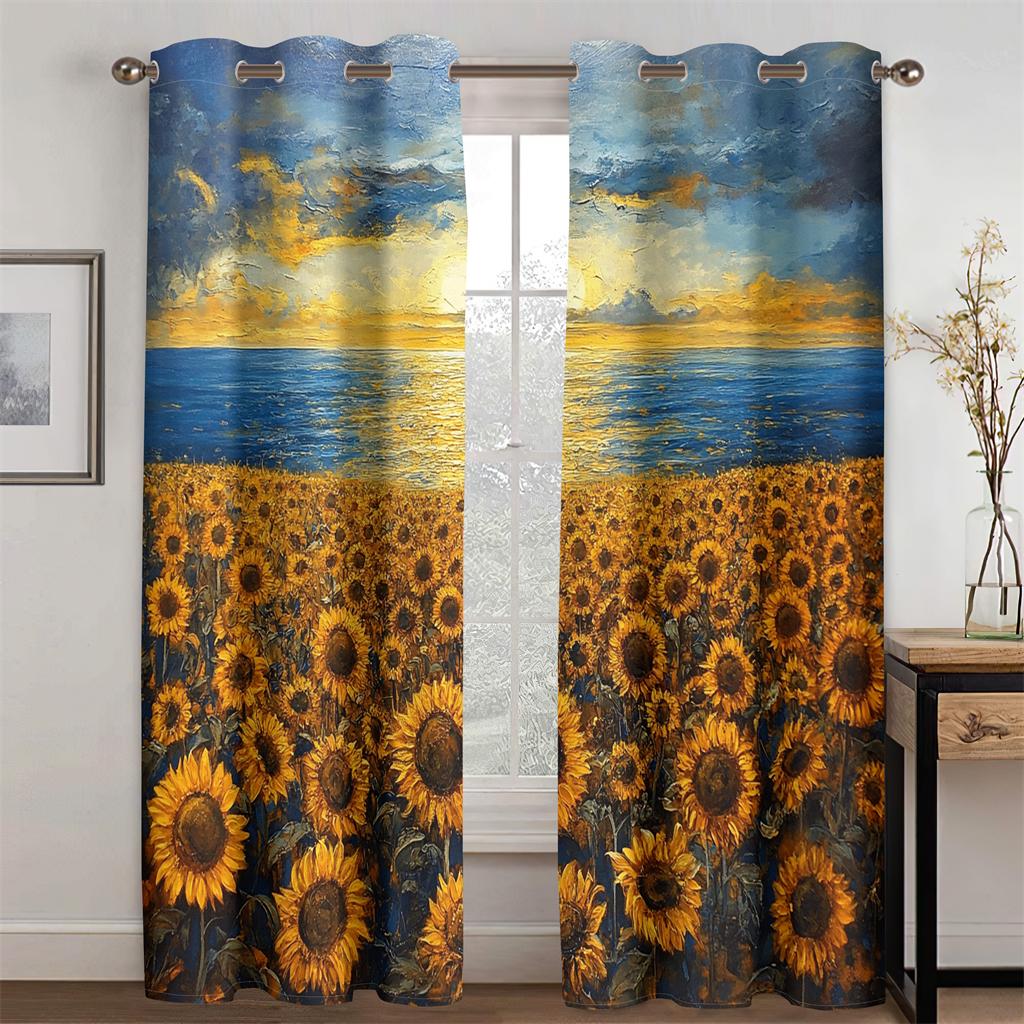 3D Oil Painting Sunflower Ocean Curtains Blue Sky Sunrise Bedroom Living Room Balcony Kitchen Decorative Curtains 2 Panels