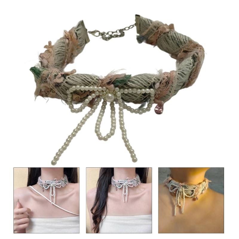 Furry Bowknot Pendant Necklace Handmade Pearls Bead Bows Neckchain Stylish Plushy Clavicle Chain Accessory Choker