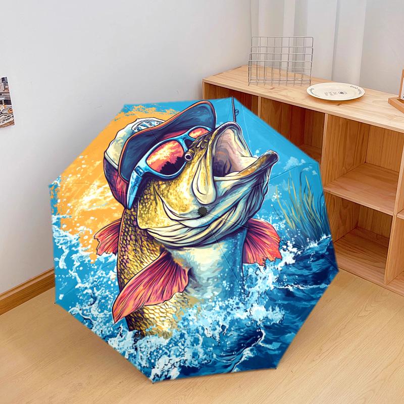 1 PC Automatic Folding Umbrella - Bass Fish Pattern, Portable & Foldable Design with 8 Ribs, Christmas Birthday Gifts