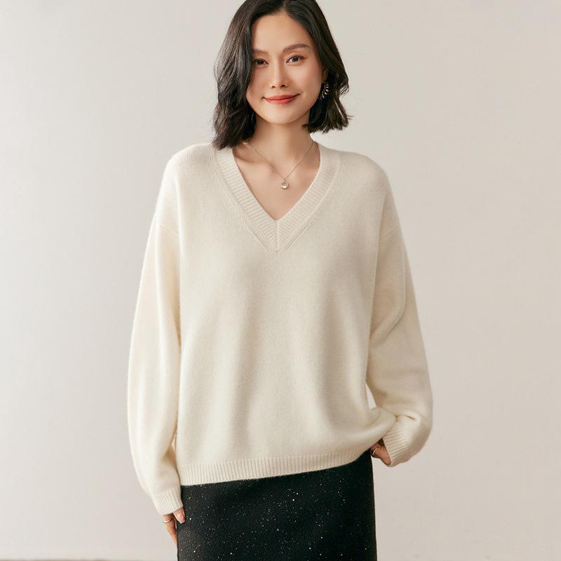 Lekasha Women's Cashmere V-Neck Loose-Fit Sweater