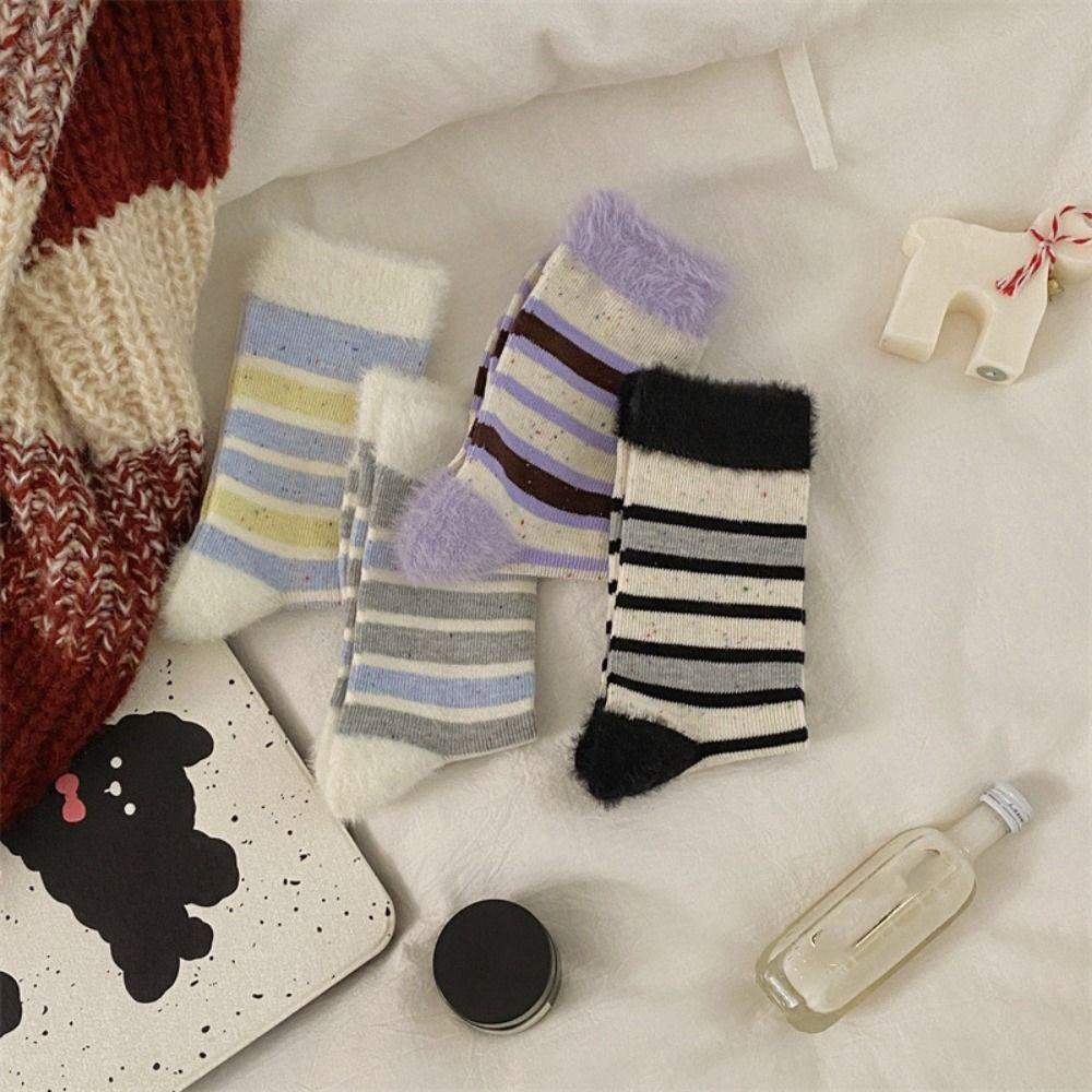 3Pairs Furry Striped Mid-calf Socks Sweet Women's Stockings Soft Winter Plush Socks  Autumn