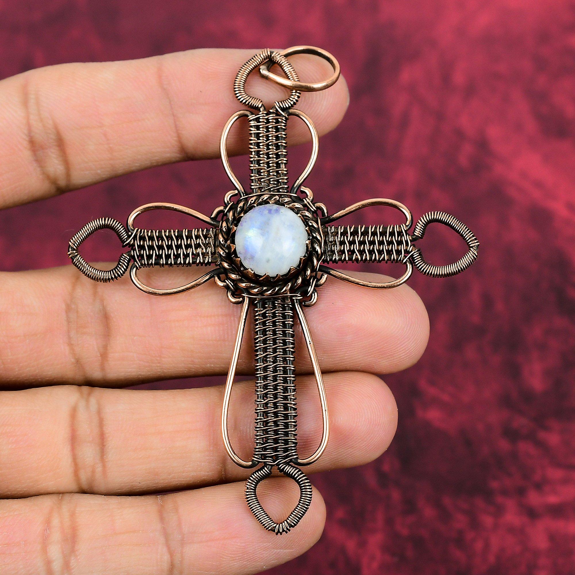 

Rainbow Moonstone Pendant Copper Wire Wrapped Gemstone Pendant Cross Pendant Handmade Jewelry Stylish Pendant Copper Wire Jewelry For Gifts