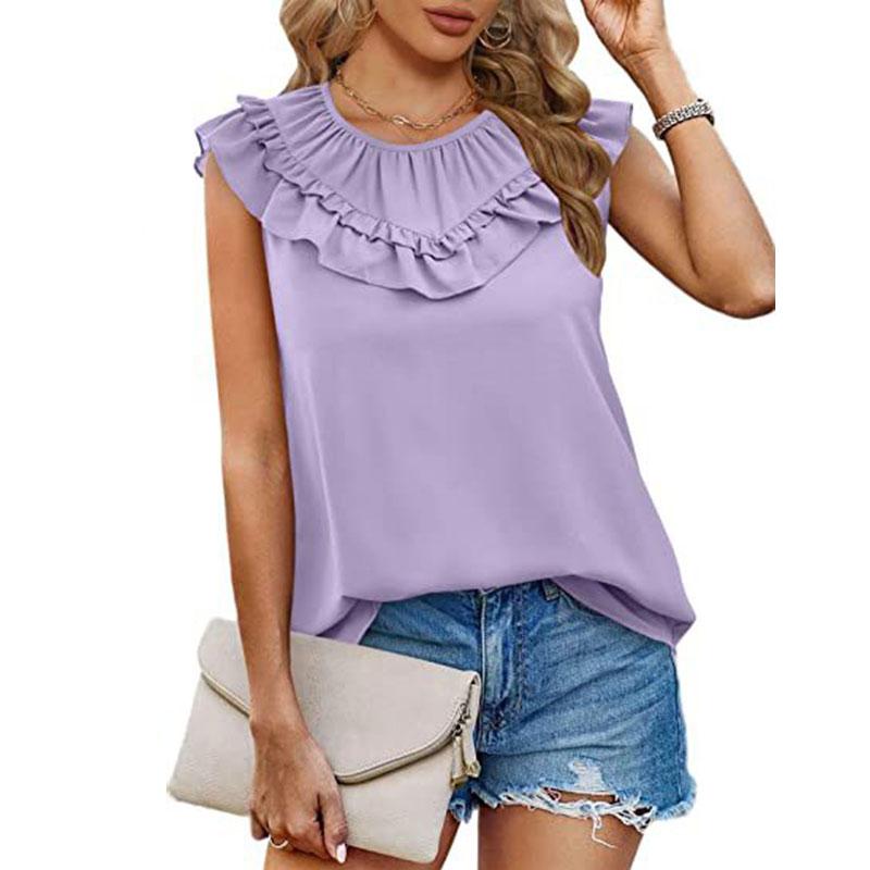 Sommer T-skjorte for kvinner med rund hals Plissert treørekant collage Ermeløs T-skjorte Tank Top Vest