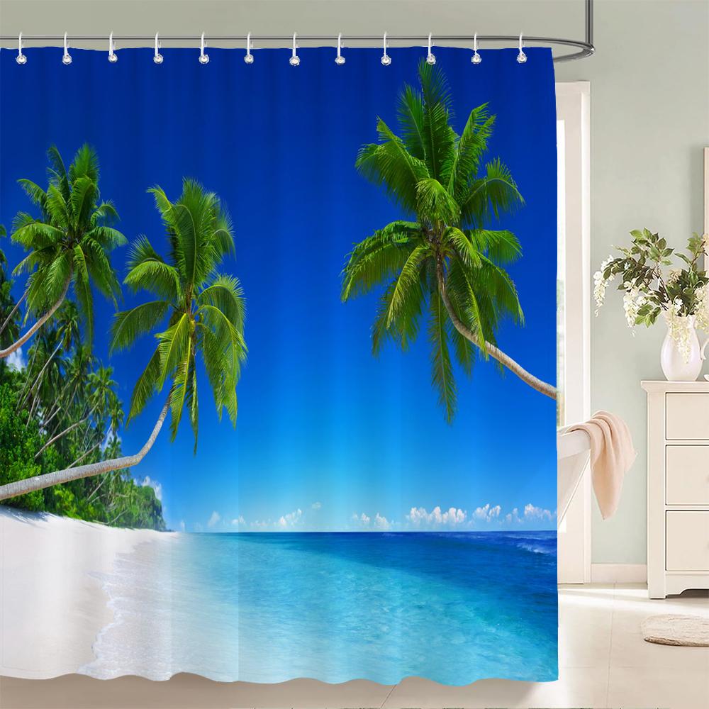 High Quality Sunny Beach Printed Fabric Shower Curtains Sea Scenery Bath Screen Waterproof Products Bathroom Decor with 12 Hooks