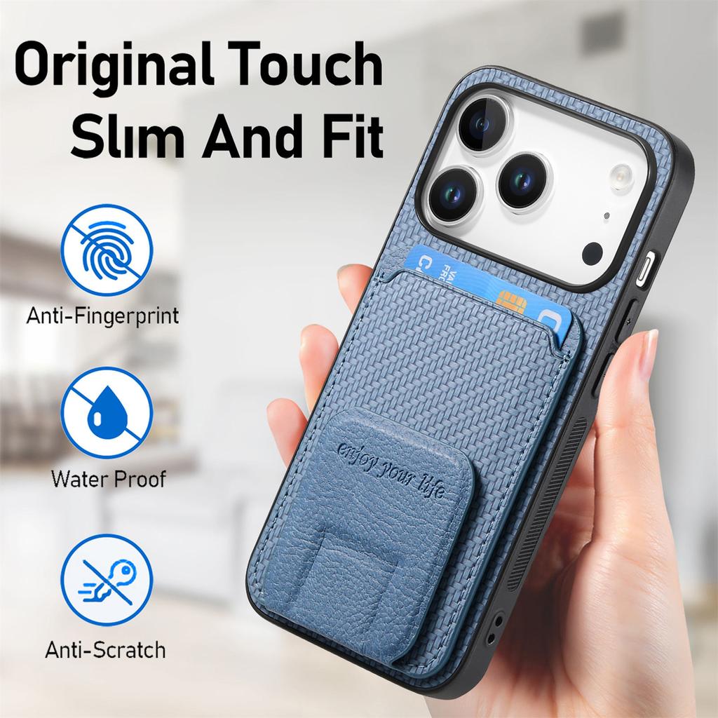 For iPhone 17 Pro Max Case Card Holder Carbon Fiber Texture Leather Coated TPU Phone Cover