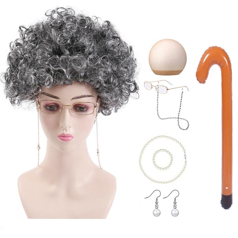 Altes Damen Kostüm für Mädchen Perücke Oma Brille Halskette 100 Tage Schule Kostüm Halloween Oma Kostüm Set