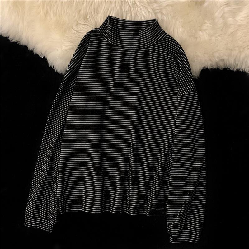 Strat de bază cu dungi supradimensionat pentru femei: Top cu gât semi-înalt, cu mâneci lungi și periat, pentru toamnă/iarnă