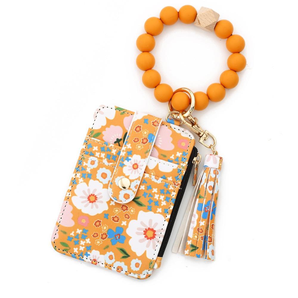 Pu Leather Silicone Bead Bracelet Keychain Boho Style Leather Card Bag Keychain  Fashion Wear