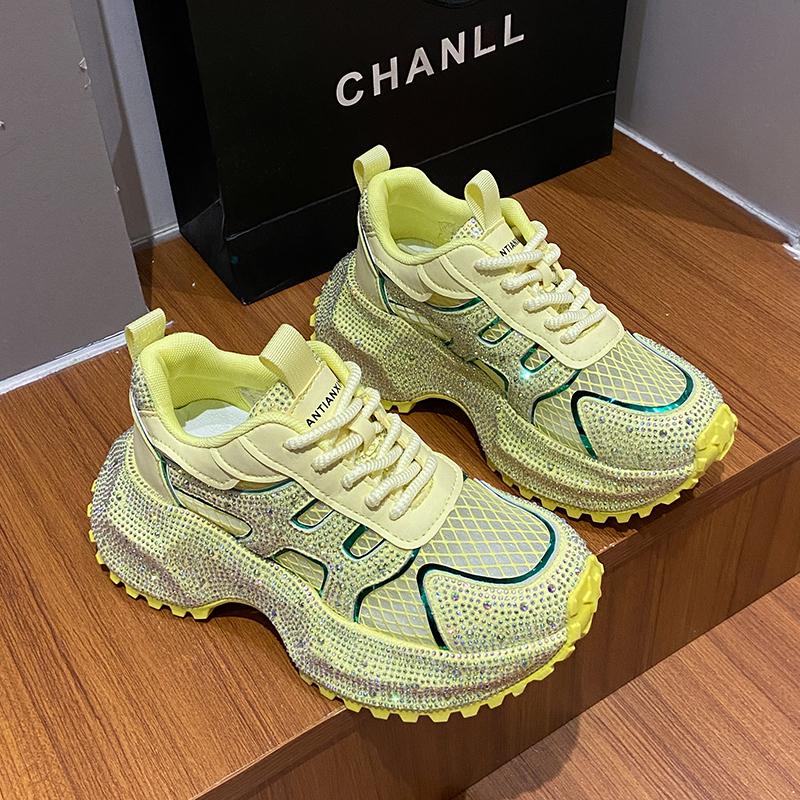 Fashion Luxury Designer Women's Shoes New Rhinestone Women's Sneakers Breathable Hollow Mesh Casual Platform Shoes Zapatos Mujer 7 Cm