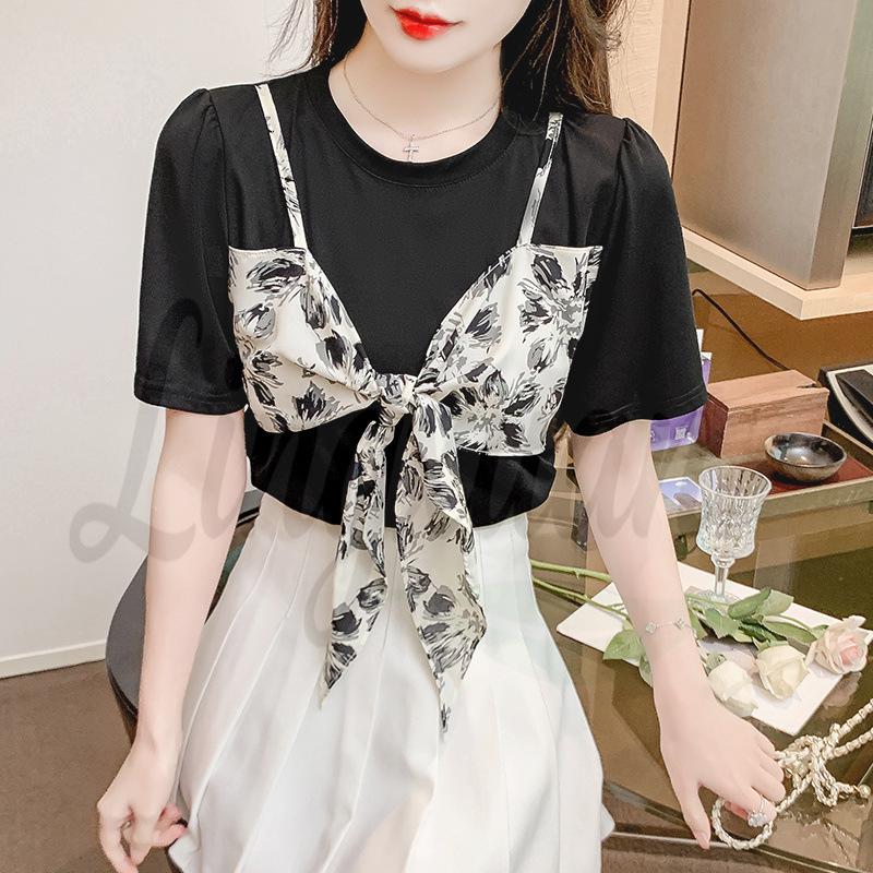 

2026 Chiffon Floral Print Camisole Spliced T-Shirt – Stylish Two-Piece Design Top for Women M чёрный