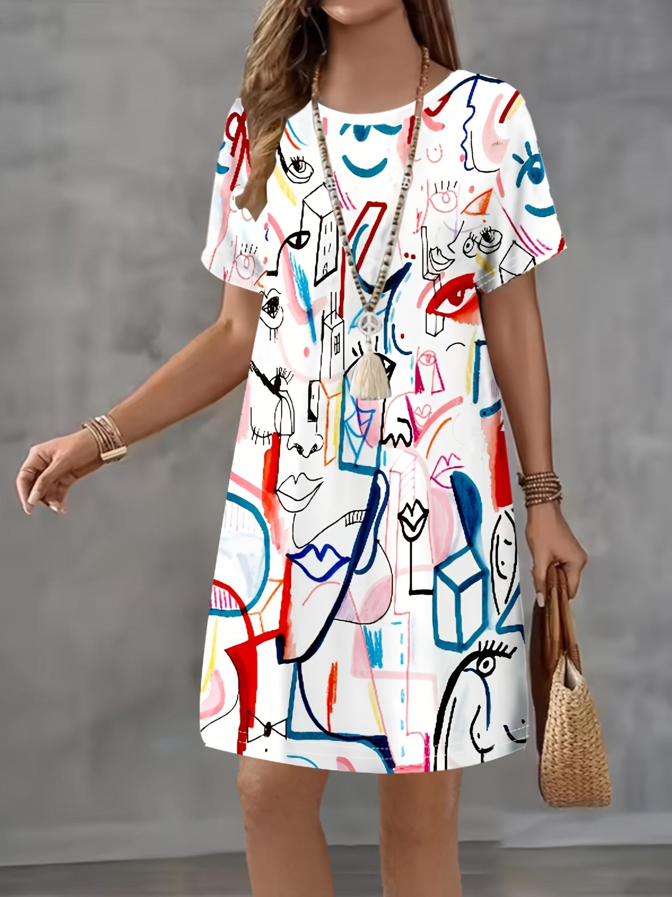 Fashion Graffiti Painting Art 3D Printed Dress for Women. Casual Short-Sleeve Abstract Face Dress S дубильная кора