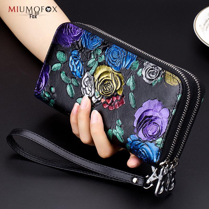 Rose Flower Ladies Genuine Leather Wallet – Double Zipper, Large Capacity, Multi-card Slots