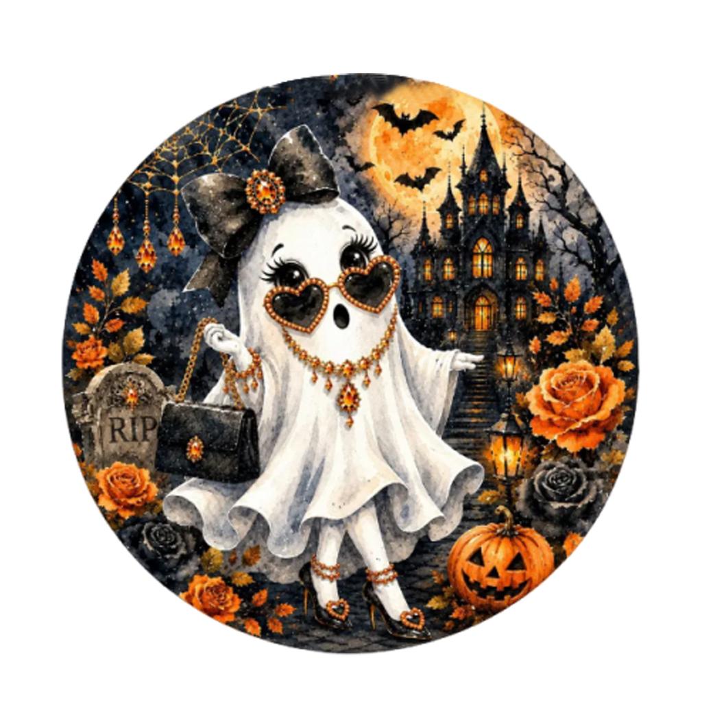 Halloween Ghost Decoration Hanging Ornament Round Shape with Haunted House Pumpkin and Roses Design Suitable for Indoor Outdoor Use