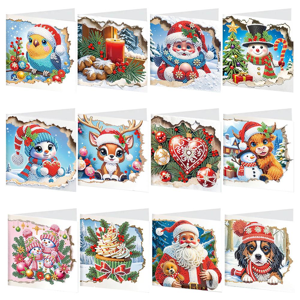 12PCS DIY Rhinestone Diamond Art Mosaic Postcards Xmas Pattern Diamond Art Greeting Cards Thank You Cards and Holiday Blessings
