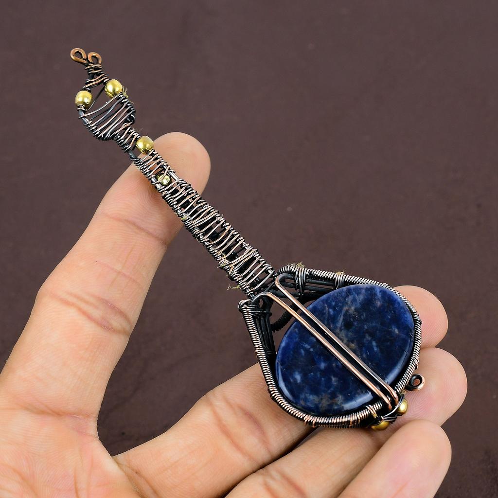 Chitară Sodalit Lucrat Manual Înfășurat cu Sârmă de Cupru Bijuterie Pandantiv 4.53" j0S64
