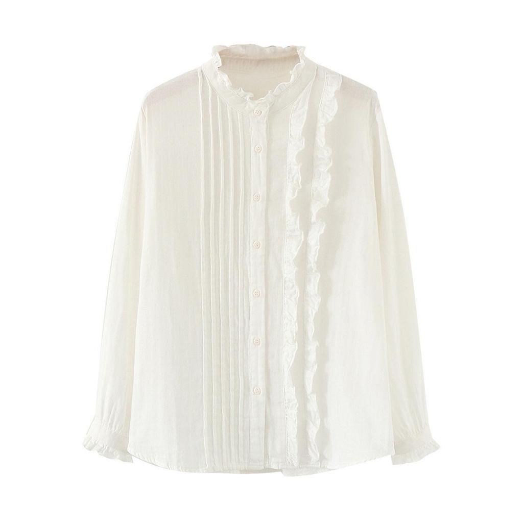 Japanese Stand Collar Double-Layer Cotton Gauze Women's Long-Sleeve Shirt - Loose, Versatile, Slimming Design