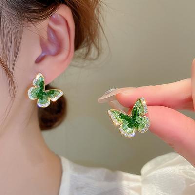 GemChic Women's Earrings Exquisite Ear Stud Needle Embed Green Zircon Butterfly Earrings Trendy Sweet Birthday Christmas Jewelry Gift