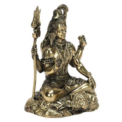 Czysty Mosiądz Idol Shivy, Murti Shiv Ji Siedzący z Trishul, Religijny, Złoty