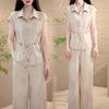 Chic Waist-Cinching Short-Sleeve Top & Wide-Leg Pants Set for Women - Elegant Summer Style