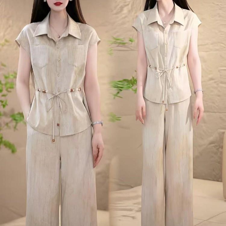 Chic Waist-Cinching Short-Sleeve Top & Wide-Leg Pants Set for Women - Elegant Summer Style