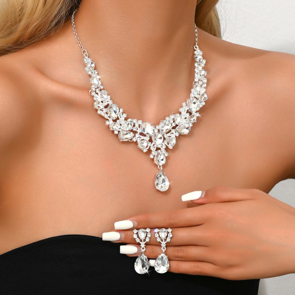 European and American cross-border Amazon bridal rhinestone necklace earrings set luxury fashion women's party and banquet accessories