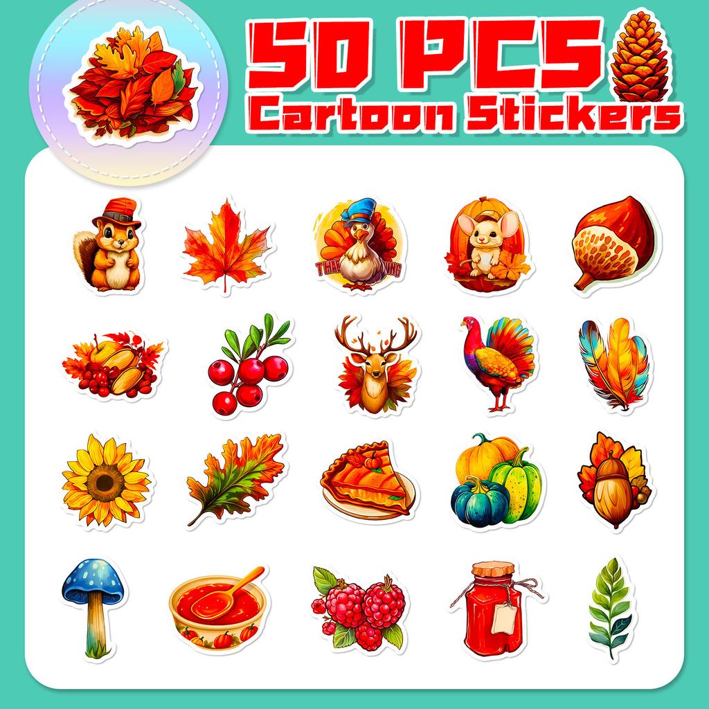 50 Thanksgiving Stickers New Products Turkey Cartoon Animals Children's Stickers Thanksgiving Doodle Decoration Temu