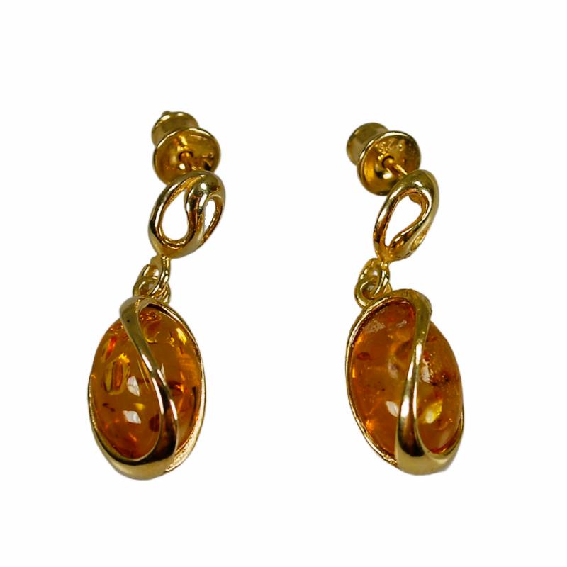 Boucles d'oreilles plaquées or avec ambre cognac - Boucles d'oreilles en ambre de la Baltique brown