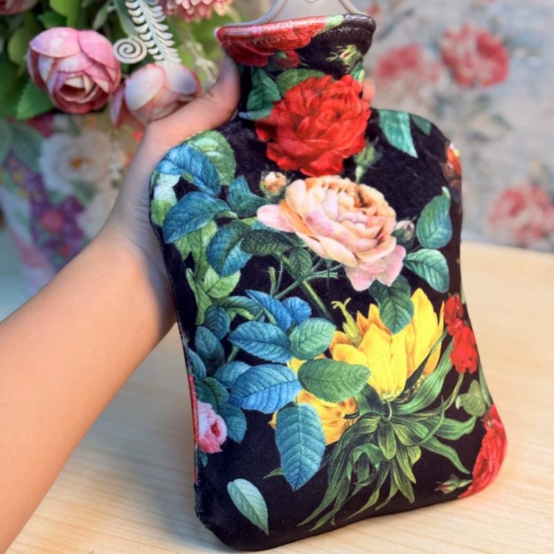 

WTEMPO Autumn Winter Hot Water Bags An Fill with Hot Water & Cold Water Retro Warm Big Hot Water Bags with Plush Floral Printed Covers 1pc чорний