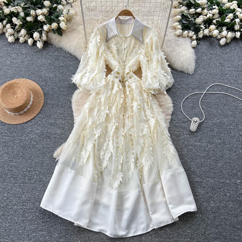 French Retro Floral Beaded Dress with Lantern Sleeves and Lapel