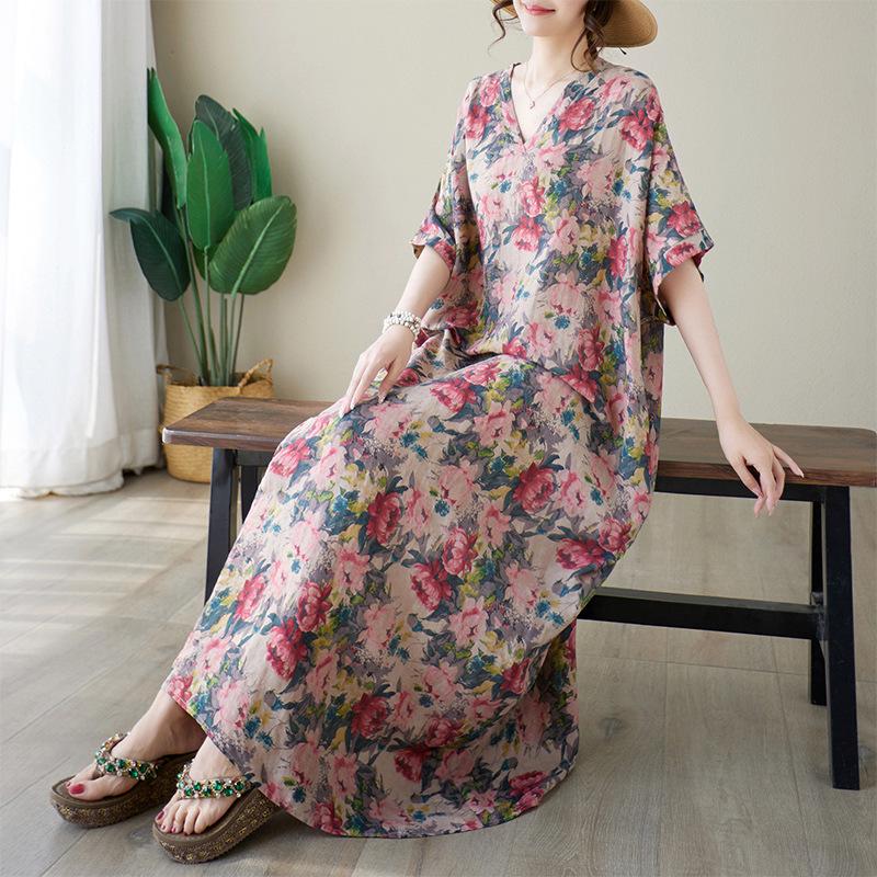 2024 Summer V-Neck Cotton & Linen Loose Retro Beach Dress for Women - Plus Size, Slimming, Long Robe Style