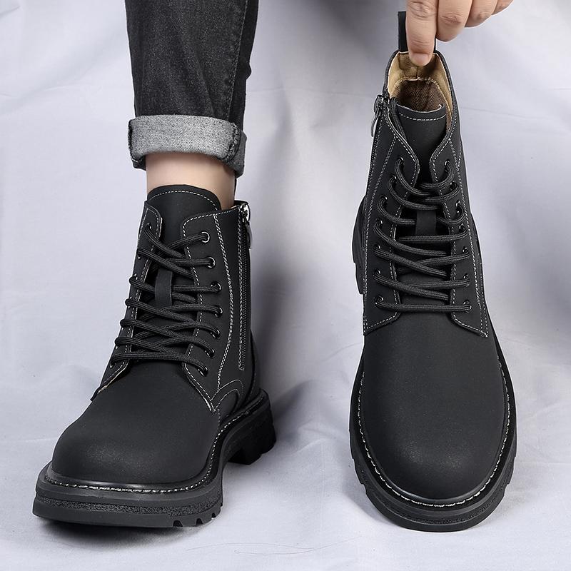 New 2024 Genuine Leather Mid Top Boots Men Thick Sole Classic Yellow/Black British Style Chelsea Boots High-top Men Lace Up Boot