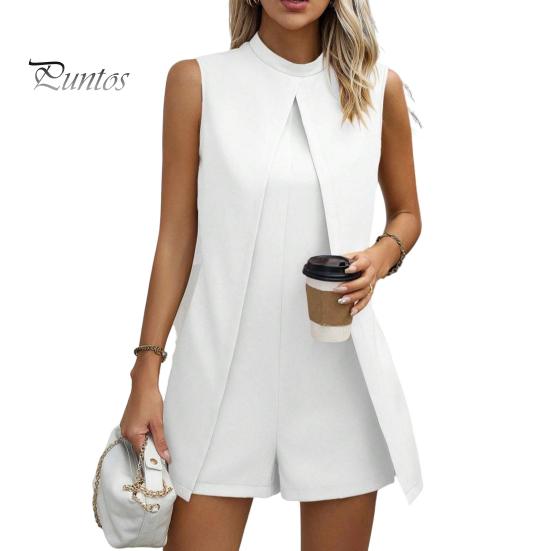 

Женский летний комбинезон с воротником-стойкой, без рукавов, свободный, с разрезом, нерегулярный, однотонный, деловой, деловой, короткий комбинезон M белый