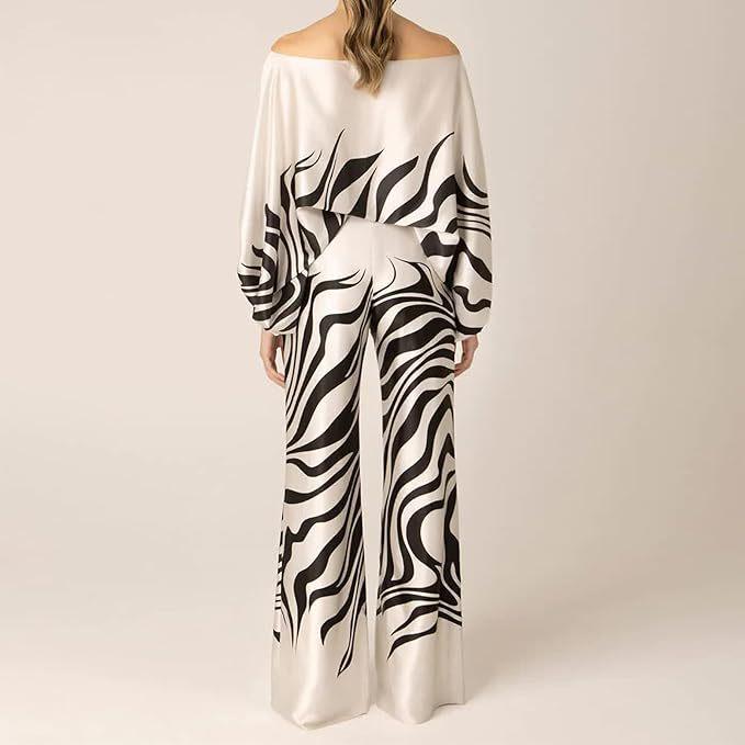 D9713 Women's Casual Satin Print One-Shoulder Top & Long Pants Two-Piece Set