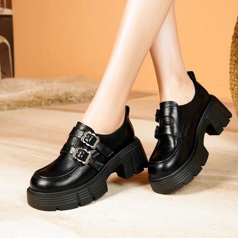 

Fashion High-heeled Single Shoes Autumn New Round Toe Deep Mouth Metal Slip Strap Platform Non-slip Loafers 40