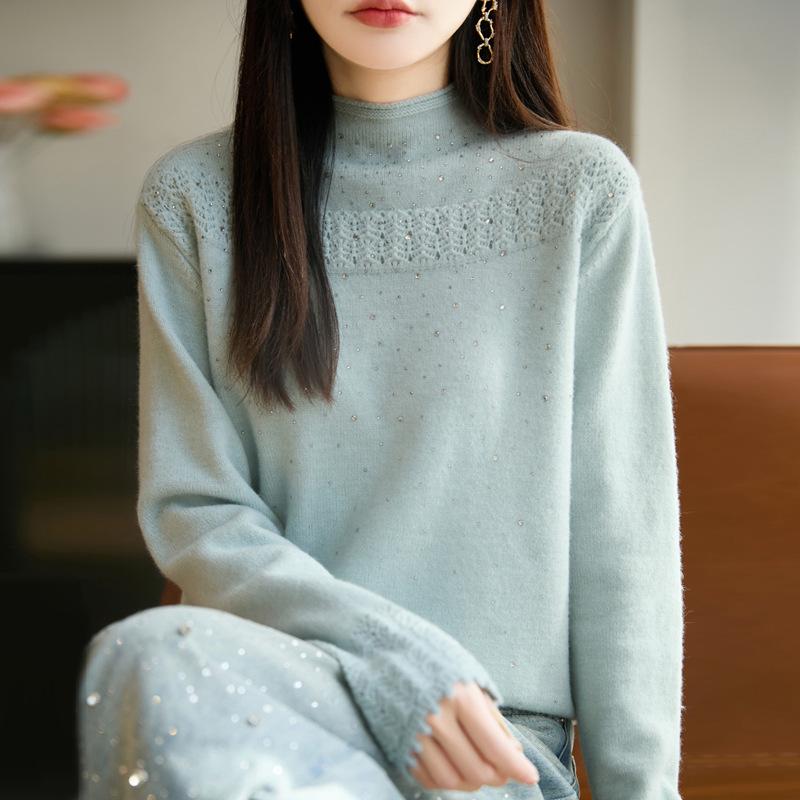 Women's Elegant Rhinestone Jacquard Knit Sweater - Half High Neck, Warm and Stylish.