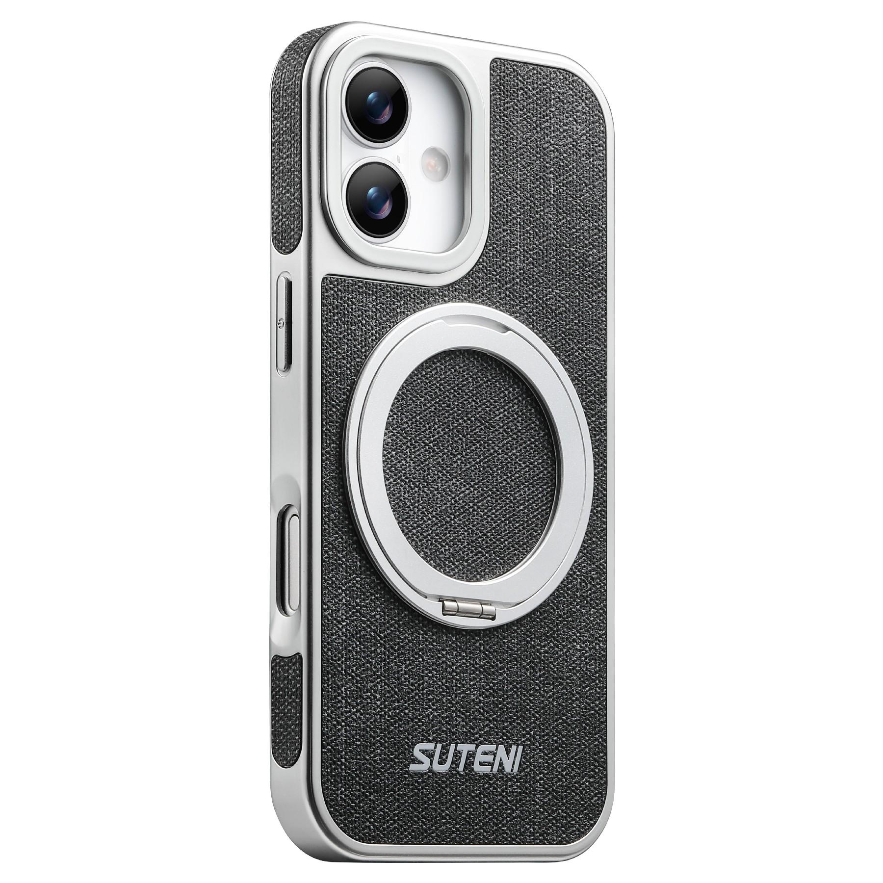 SUTENI G6 for iPhone 17 Magnetic Case Rotating Kickstand Electroplating Jean Cloth Texture Leather Back Cover