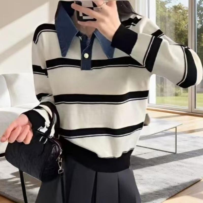 Women S Korean Retro Color Block Striped Pullover Sweater
