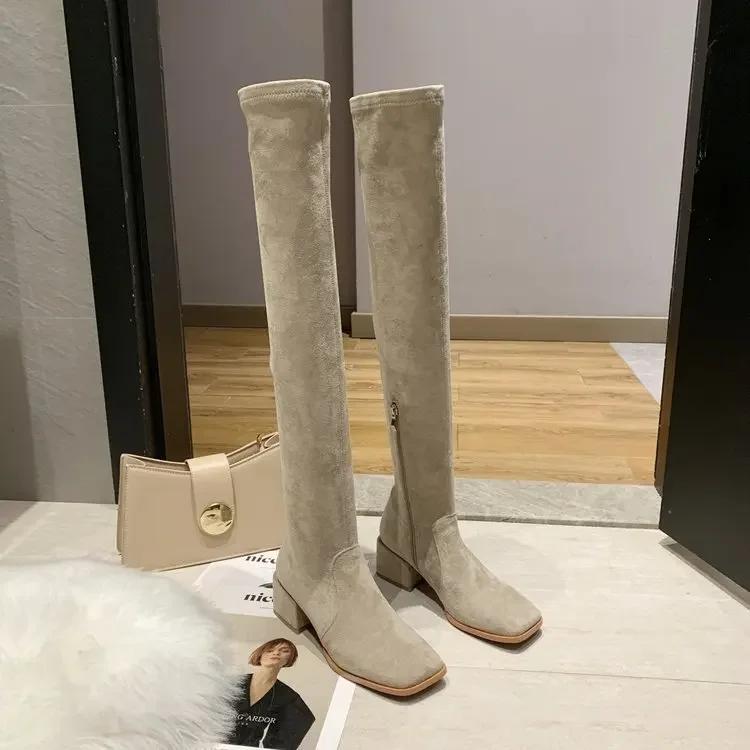 

Women s Boots Autumn/winter New Long Boots Square Toe Elastic Knee High Boots Anti Slip Faux Suede Comfort Fashion Shoes 40
