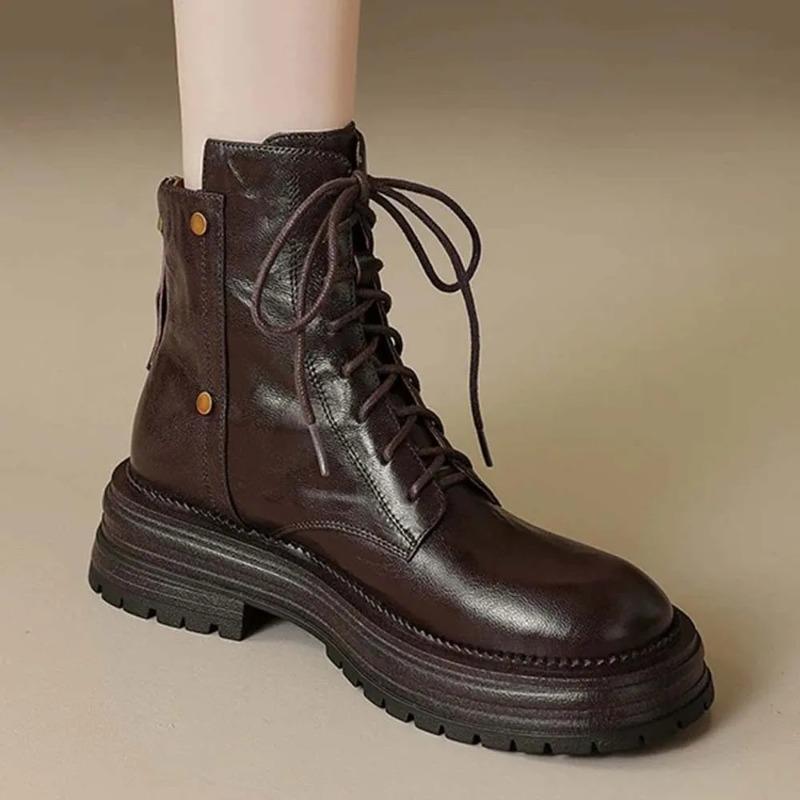 Fashion 2025 New Lace up Women's Boots Spring Autumn Round Head Solid Color Middle Heel Waterproof Commuting British Boots