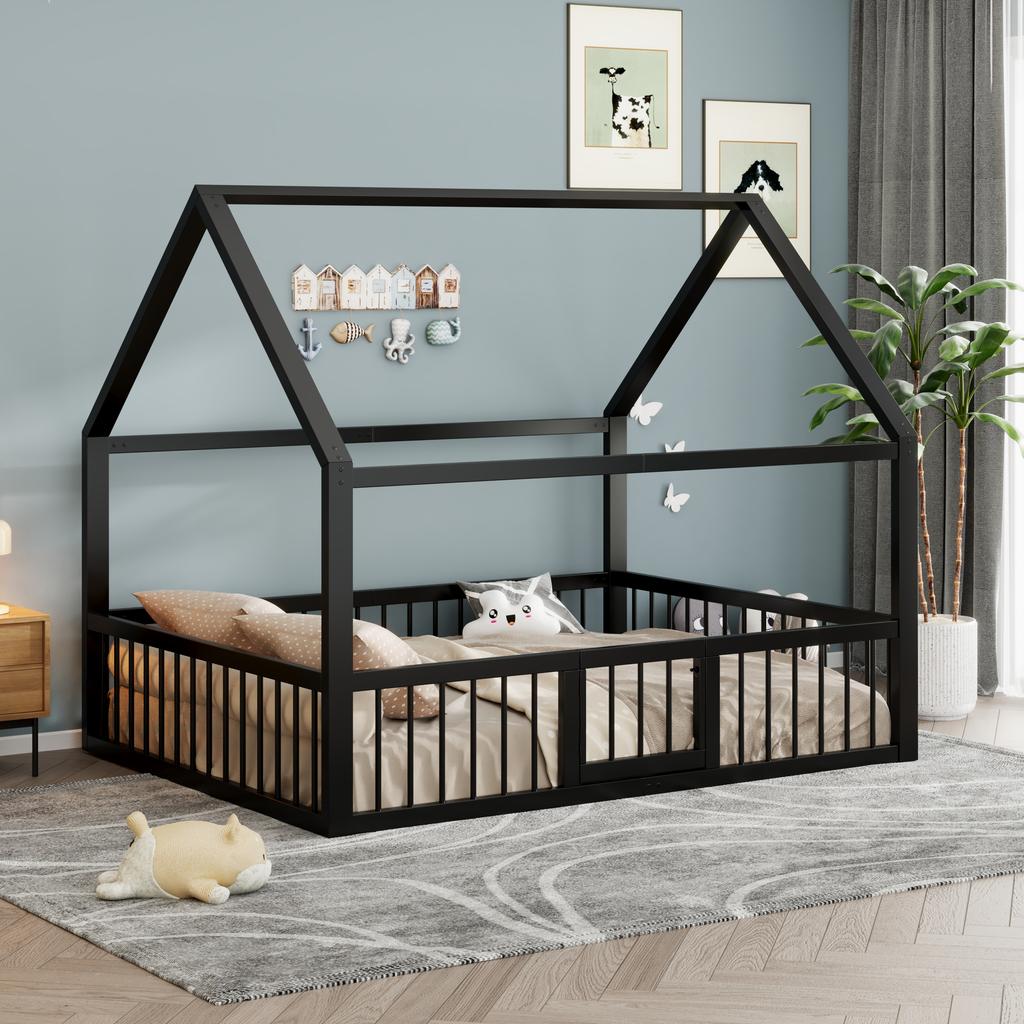 Flat bed, metal bed, 140 x 200 cm, metal bed frame, iron bed, children's bed, without mattress, house decorative trim, parapet, black