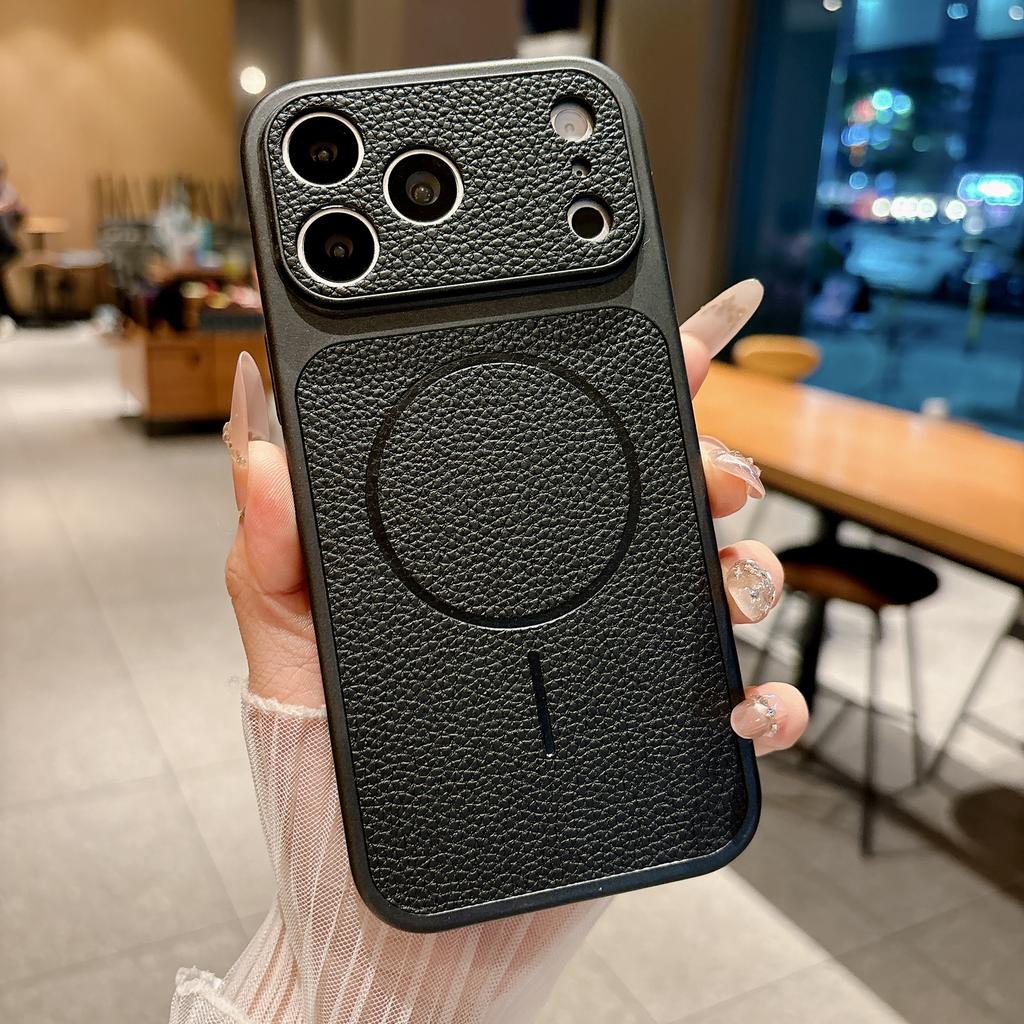 ForMagsafe Litchi Texture Leather Magnetic Case For iPhone 17 Air 16 15 14 13 Pro Max Frosted Large Window Shockproof Cover
