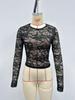 2026 Summer European-American Lace Long Sleeve Slimming Mesh Hollow T-shirt for Women