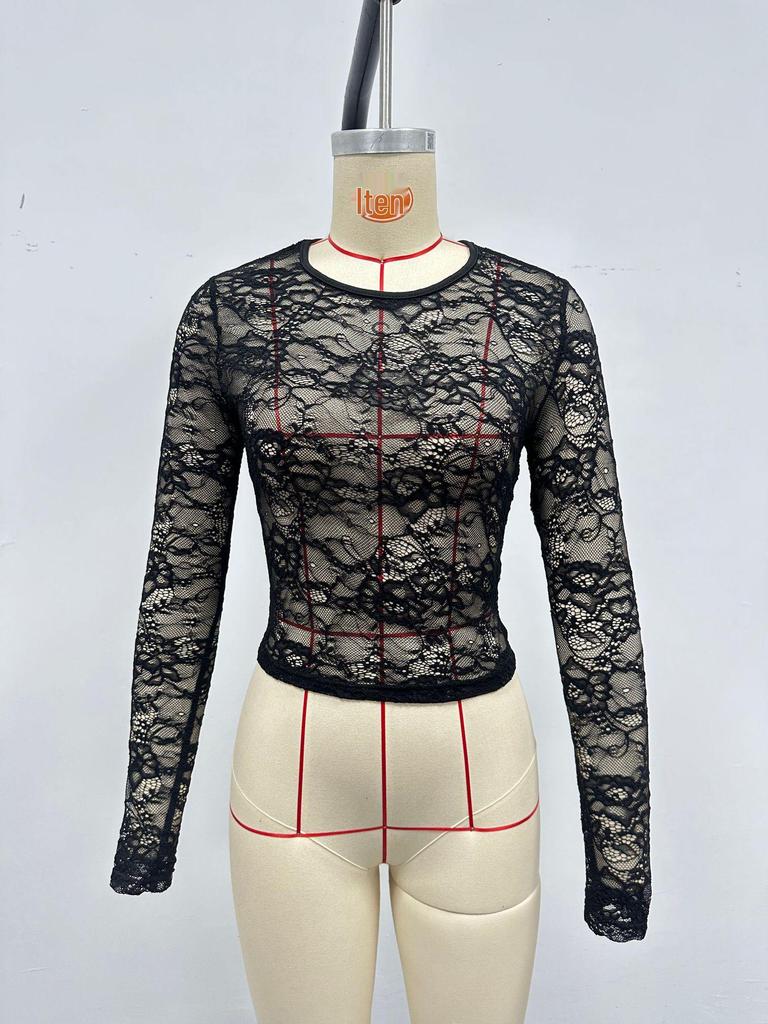 2026 Summer European-American Lace Long Sleeve Slimming Mesh Hollow T-shirt for Women