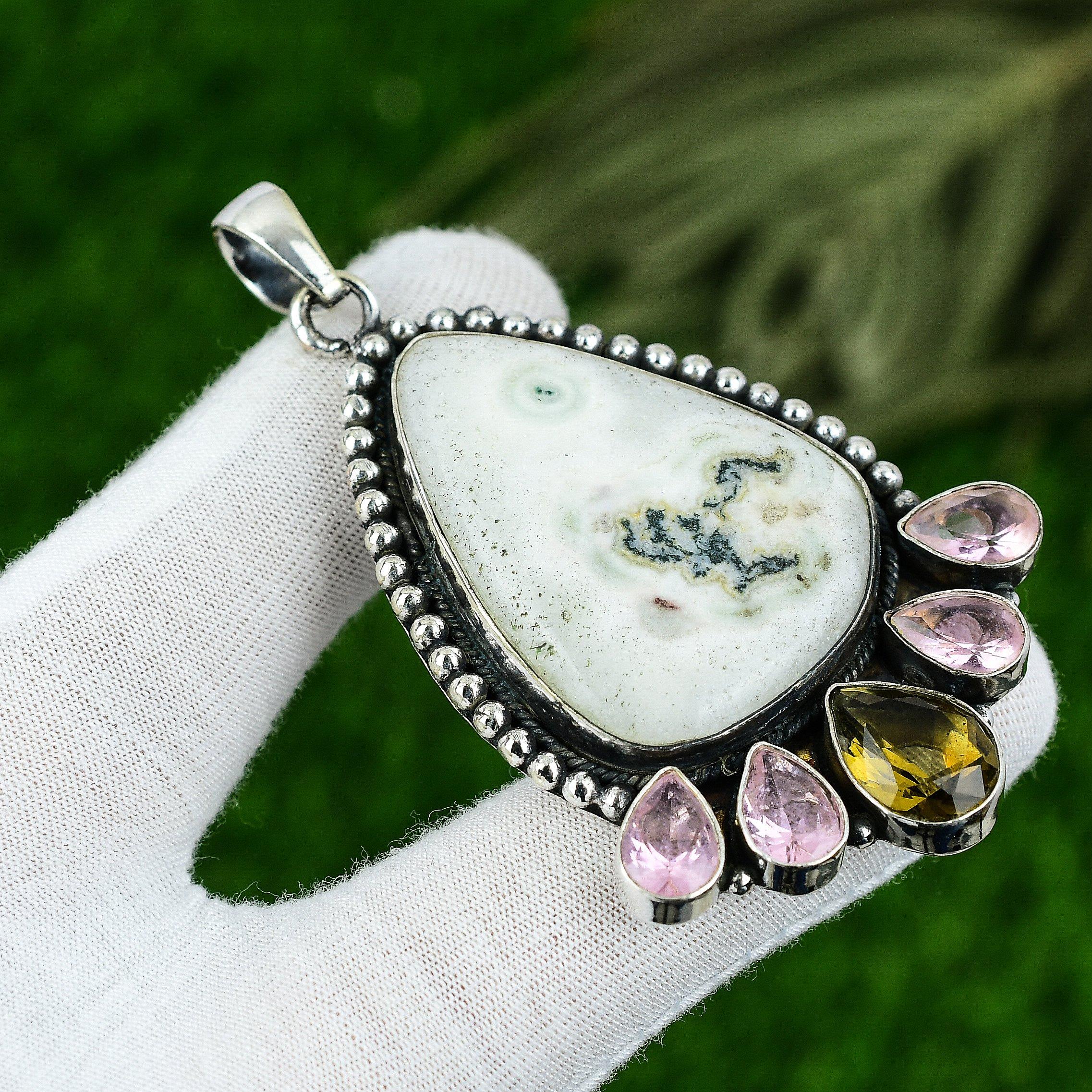 

Anniversary Gift For Her Natural Solar Moss Opal Gemstone Pendant 925 Silver