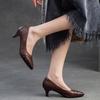 Johnature Pointed Toe Heels Shoes Retro Embossed Pumps Commuting Genuine Leather Fashion Women's Shoes