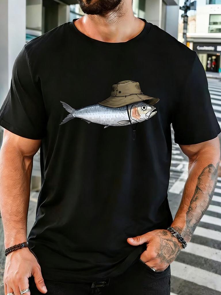 Unisexs Navy Crew Neck Tee Funny Fisherunisex Hat Silver Fish Graphic Print Loose Summer Street Daily Basic Short Sleeve Casual Top