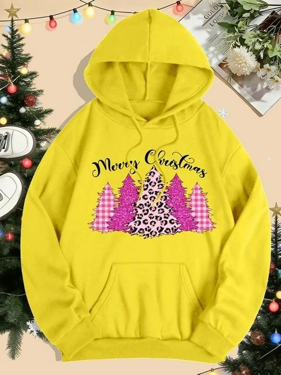 Women's Loose Pink Christmas Tree Hoodie Sweatshirt